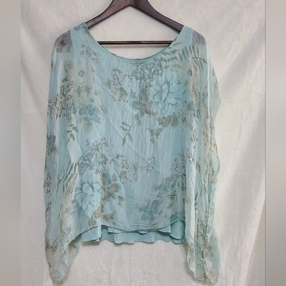 Angela Women's Blue Floral Silk Blouse Size M